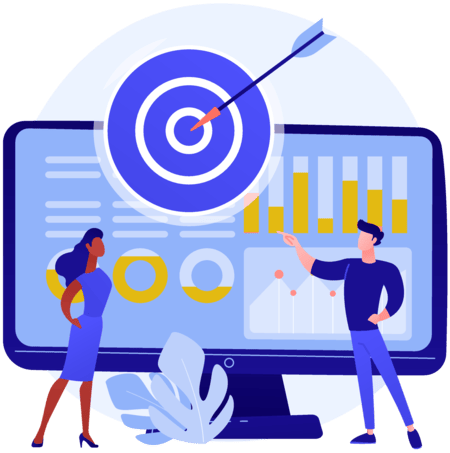 People in front of a computer screen showing results