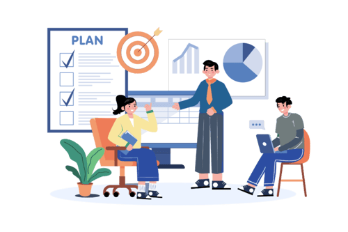 Leader planning with team in front of charts and graphs